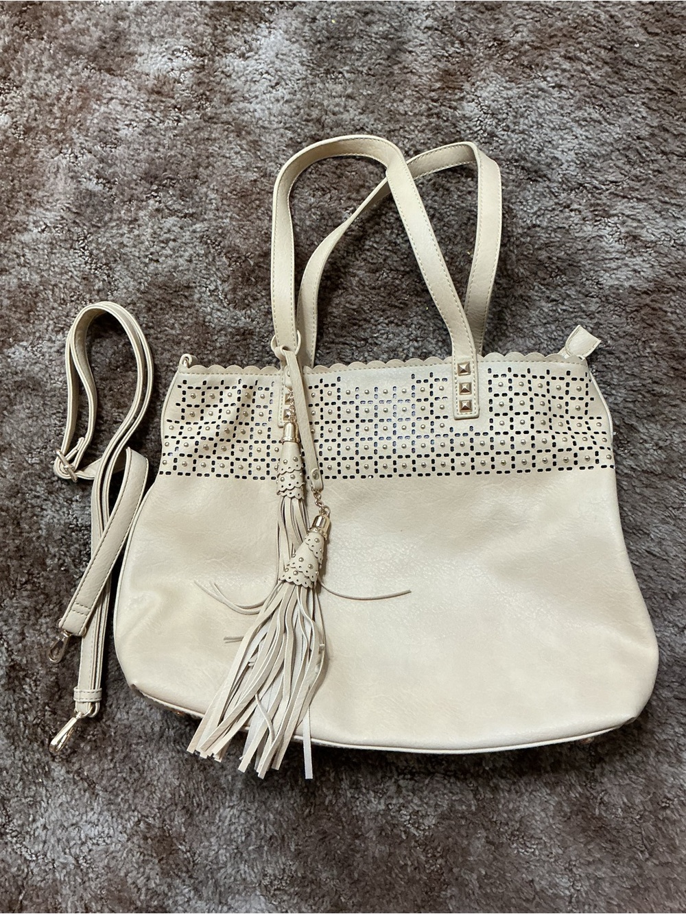 Cream Laser-Cut Tassel Tote Bag - Versatile Women's Handbag
